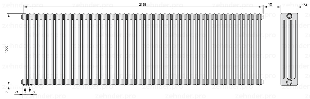 Схема (чертеж) Радиатор Zehnder Charleston 5150/53 №3370 Белый глянцевый RAL 9016